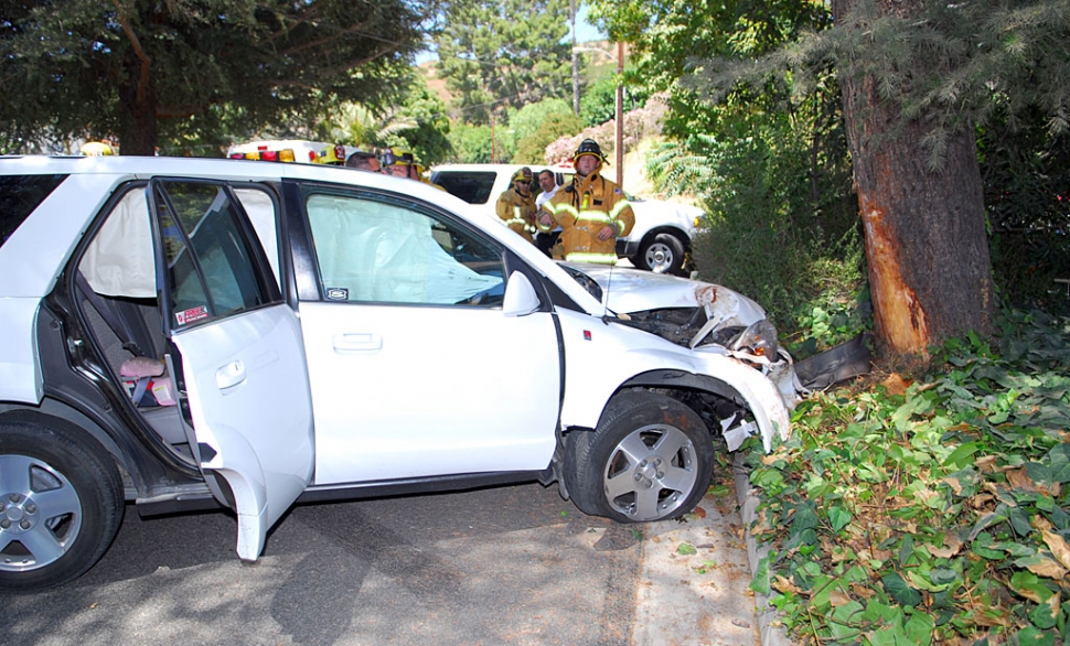 Midday Friday, the driver of this car lost control heading north up Hillside Drive and crashed into a Pine tree. No cause for the accident was available, and no serious personal injuries were reported. The vehicle suffered substantial damage.