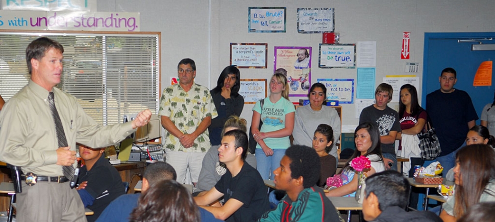 On Tuesday June 10, Fillmore Police Cheif Tim Hagel spoke to students at Fillmore Community High School. Chief Hagel’s charismatic and down-to-earth friendly approach with students was obvious as many students approached him after he fi nished speaking.