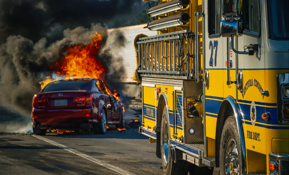 On Monday, November 27, at 2:59 p.m., Ventura County Fire Department, Fillmore Fire Department, Ventura County Aviation Unit (Air Squad), AMR Paramedics, and California Highway Patrol were dispatched to a reported traffic collision at eastbound SR-126/Old Telegraph Road. Arriving firefighters reported a red Lexus sedan and a Dual gravel truck involved with the Lexus fully engulfed in flames; Ventura County Firefighters were able to extinguish the fire. According to radio traffic, both drivers received minor injuries. California Highway Patrol left one eastbound and westbound lane open at the scene, causing traffic to back up from Old Telegraph Road into the Fillmore city limits to the east. Cause of the crash is under investigation by CHP. Photo credit Angel Esquivel-AE News.