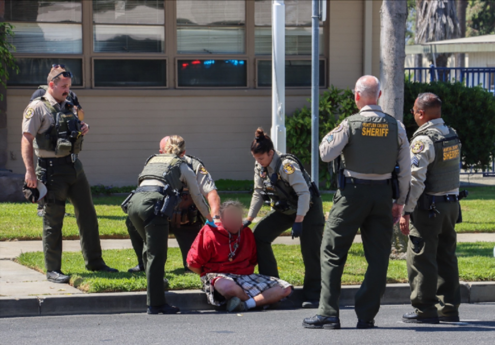 On Monday, July 28, 2025, Moorpark Police Dept. responded to an alleged battery in the 10000 block of Broadway Road, Moorpark. Upon arrival the officer initiated a traffic stop and the suspect, Jesus Torres, 34 of Fillmore, exited his vehicle, confronting the officer. His aggressive stance led to the officer deploying his taser. The suspect returned to his car, where the officer used his pepper spray. The suspect fled in his vehicle, north through Grimes Canyon into Fillmore, stopping in front of the Fillmore Police station where he was arrested. Fillmore Engine 91 was called in to treat him for the pepper spray. According to police, he appeared to be under the influence of drugs. Torres will be charged with felony battering of a police officer and evading the law with pursuit involved. Further charges pending. Photo credit Angel Esquivel. Information credit Moorpark Capt. Nick Odenath. 
