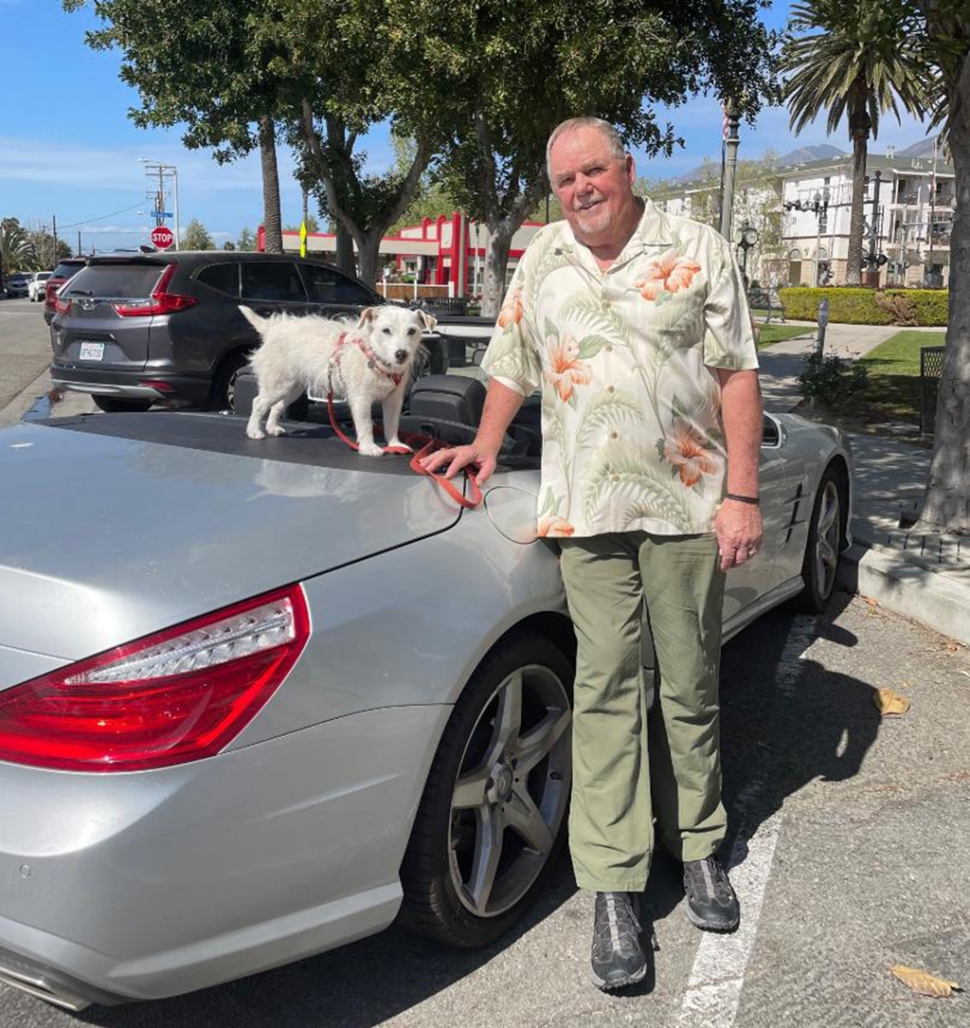 (l-r) 9-year-old Jack Russell Crackers and his owner Dave Anderson, who many may have seen driving around Fillmore in/on their convertible Mercedes. All photos credit Carina Monica Montoya.