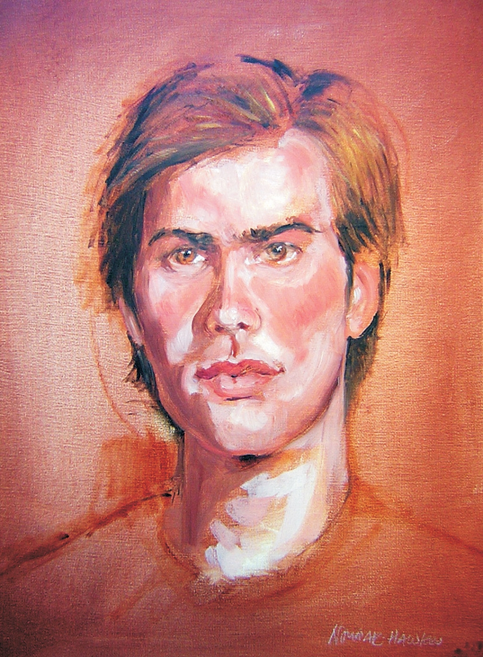 “Sketch of Andrew”, charcoal and colored pencils by Debi Nowak-Hawkes.