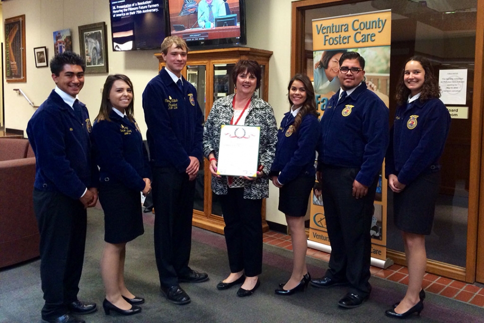 Tuesday May, 13th Supervisor Kathy Long presented the Fillmore FFA students with a proclamation celebrating 75 years of continued service in developing and educating community leaders  in Agriculture and Leadership.