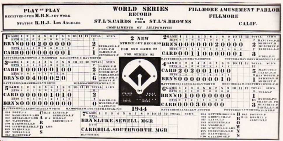 World Series scorecard at the pool hall in 1944.