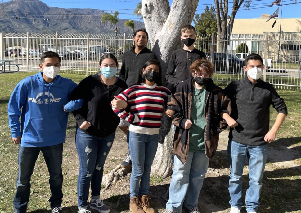 Fillmore High’s Academic Decathlon Team (l-r) (front row) Jonathan Perez, Yanelli Gomez, Angie Mota, Henry Hurd, Jovany Perez, (back row) Alotl Aparacio, Ethan Sell. Photo credit Academic Decathlon Coach Benjamin Bradshaw M.Ed.