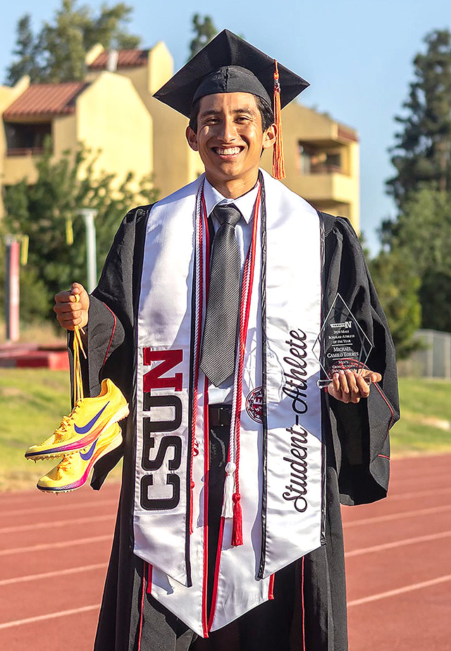 Fillmore Alumni’s Camilo Torres has left a mark at Cal State University, Northridge (CSUN) men’s track & field and cross-country programs. He leaves CSUN with personal bests across multiple distances: 1500 Meters: 3:51.76, Mile: 4:16.81, 3000 Meters: 8:37.85 and the 5000 Meters: 14:41.04. Above is Camilo at his graduation.