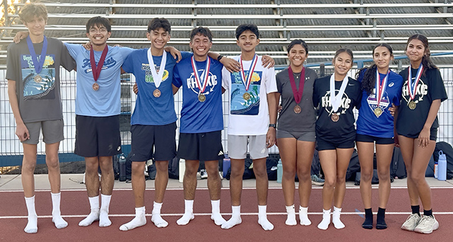 On Saturday, October 17, Fillmore High Cross Country teams competed at Lake Casitas in the Ventura County Cross Country Championships and represented Fillmore proud. Above are the Ventura County Cross Country FHS runners who earned medals. L to R: Niko Cerda (Boys JV), Chris Torres (Boys JV), Damian Santa Rosa (Boys Sophomore Race), Luis Perez (Boys Freshman), Aleks Laureano (Boys Freshman), Sammy Alcocer (Girls Frosh Soph), Mariana Elvira (Girls Frosh Soph), Azul Ruiz (Girls Frosh Soph), and Melanie Martinez (Girls Frosh Soph). And the Girls Frosh Soph team took 3rd Place. Photo credit Anthony Chavez.