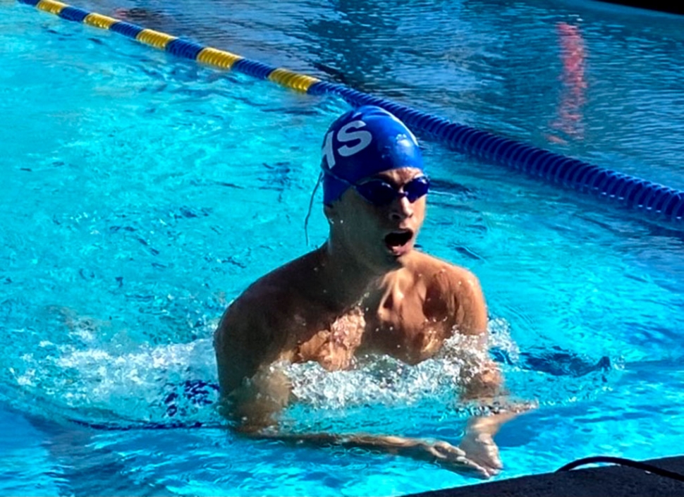 Fillmore High’s Tyler Gray swimming breaststroke in meet against Malibu this past Friday.

