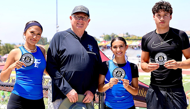 Above are FHS Jumpers for the CIF Prelims Division 3 events (l-r): Delilah Lupercio, Coach Bill Dabbs, Janessa, Corona, and Saul Fraga-Sandoval. Photo credit Coach Anthony Chavez.