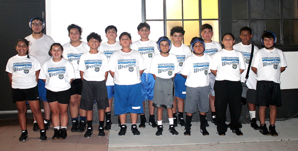 On Thursday, October 6th the FMS Bulldogs, pictured above, traveled to Ojai for the VC Middle School Wrestling League Meet. Pictured (l-r) front row: Naomi Bonilla, Jozlyn Alvarez, Cristian Martinez, Angel Ortiz, Matthew De La Cruz, Josh Magallon, Nakia Magallon, and Abraham Castorena. (l-r) Back row: Armando Avila, Patricia Juarez, Sotero Chavez, Fernando Martinez, Brian Maldonado, Kobe Avila and Jeremiah Chapman. Photo credit FMS Wrestling Coach Michael F. Torres.