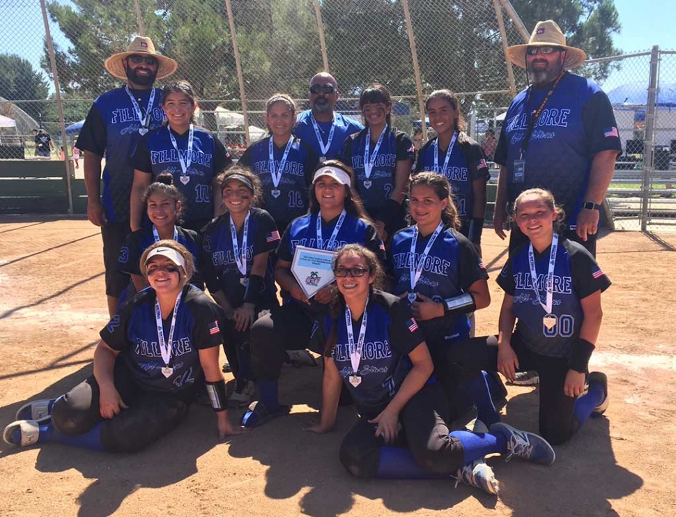 Front row, left to right:  Zoie Isom, April Lizarraga.  Middle row, left to right: Natalie Segura, Jasmine Zavala, Kayla Carrillo, Alyssa Ocegueda, Emma Ocegueda.  Back row, left to right:  Coach Rudy Murillo, Lily Murillo, Jazalyn Ramos, Coach Beany Venegas, Ebony Venegas, Alexis Sanchez, and Manager Tim Isom.