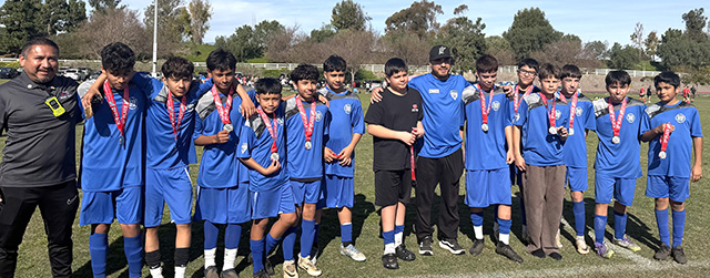 Pictured is AYSO’s 14U Boys All-Stars Team which placed at the Area 10W All-Stars Tournament in Camarillo on January 24-25. Pictured left to right are Regional Commissioner Arnold Munoz, Alexander Vergara, Irvin Arias, Christian Juarez, Aiden Santa Rosa, Kayluhb Cervantes, Dominick Ayala, Emmanuel Martínez, Coach Bryan Ayala, Christian Luna, Jaycob Manzano, Yehuda Sasson, Kane De La Cruz, Javan Rodriguez, and Ayden Zamora. Photo credit Lily Santa Rosa.