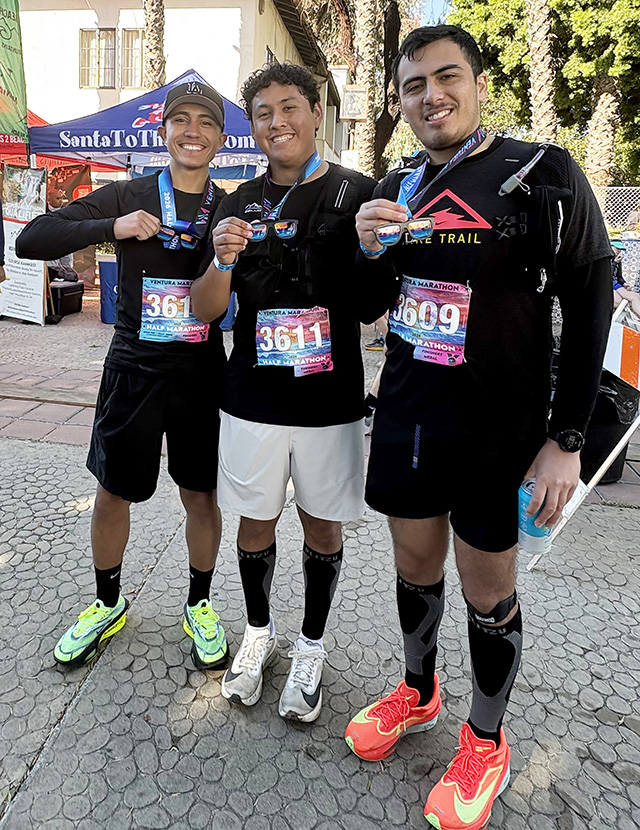 On Sunday, February 22, several Fillmore-Piru community members competed in the Ventura 1/2 and Full Marathons. Pictured above (l to r) Nicholas Hurtado of Piru, Matt Munoz of Fillmore, and Fabian Del Villar of Fillmore who competed in the ½ Marathon. Photo credit Emma Ortiz.