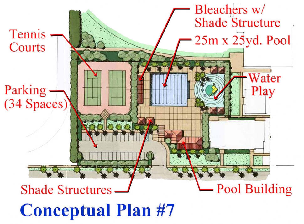 This is Conceptual Plan number 7, provided by the city. One major change has been made to this rendering, and that is the addition of an exit area on the west side of the parking lot. It is hoped that completion of this swimming complex will occur in December of 2008. The Gazette incorrectly stated completion for December, 2009, in last week’s edition.