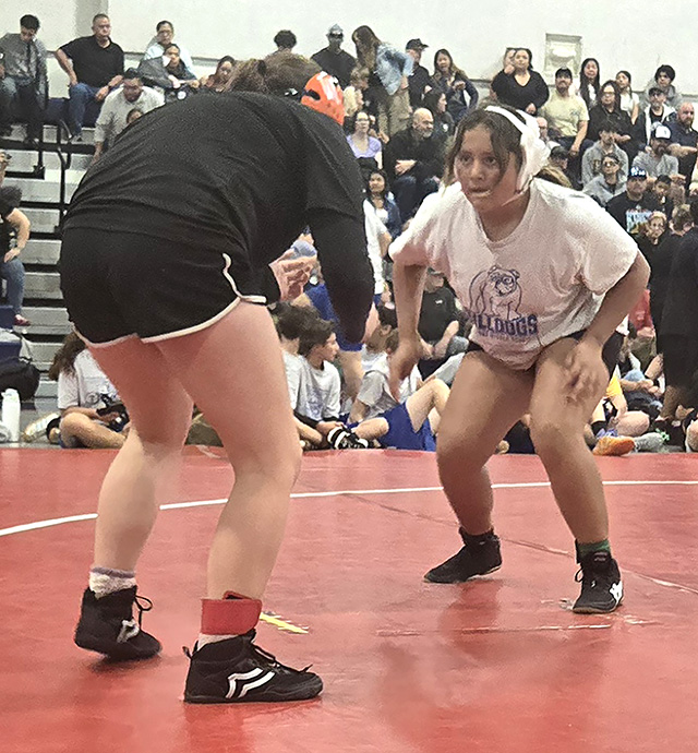 Pictured is Fillmore Bulldog Sundae Ambriz during her match at the Ventura County Middle School Takedown Tournament. Photo credit Michael Torres.