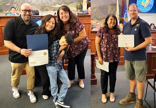 On Tuesday, December 9, the Fillmore City Council recognized several citizens. Pictured above is Nancy Rodriguez along with her family and former Mayor Christina Villaseñor who honored her with the City of Fillmore Community Spirit Award for all her hard work and dedication to the community. Also pictured is Villaseñor with Andy Klittich, Fillmore Rotary Club member, who received recognition on behalf of the club for the donation of the Christmas tree for Fillmore’s annual Tree Lighting that took place Sunday, November 30.