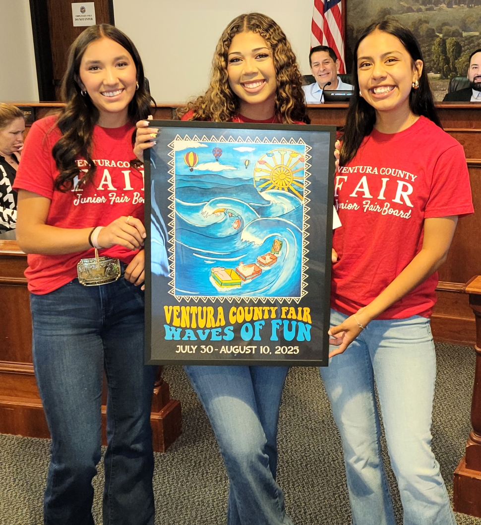On Tuesday, July 8th, Fillmore High School juniors Sarah Cedillos, Maya Young and Mira Urbano, on behalf of the VC Junior Fair Board, presented the 2025 Ventura County Fair Poster Contest winner’s artwork to Fillmore City Council, as well as announcing the 2025 concert line-up and special admissions for this year’s fair which will start July 30th – August 10th. This year’s poster winner was Kalen Kwak, a 4th grader from Camarillo.
