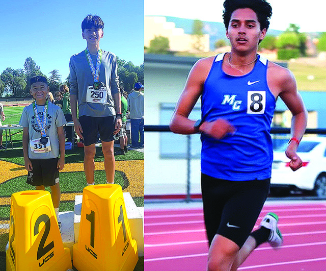 On Saturday, February 7, Fillmore athletes competed and placed at the Moorpark Groundhog Day 5K/1M Pictured (l-r) are brothers Jacob Santa Rosa from Fillmore Middle School and Damian Santa Rosa from Fillmore High School. Photo credit Kitzia Santa Rosa. Above right is Angel Garcia, former cross country and track at Fillmore High School, who competed in the Men’s 3000-kilometer for Moorpark College track team’s two-day event. Photo credit Reyes Gonzales.