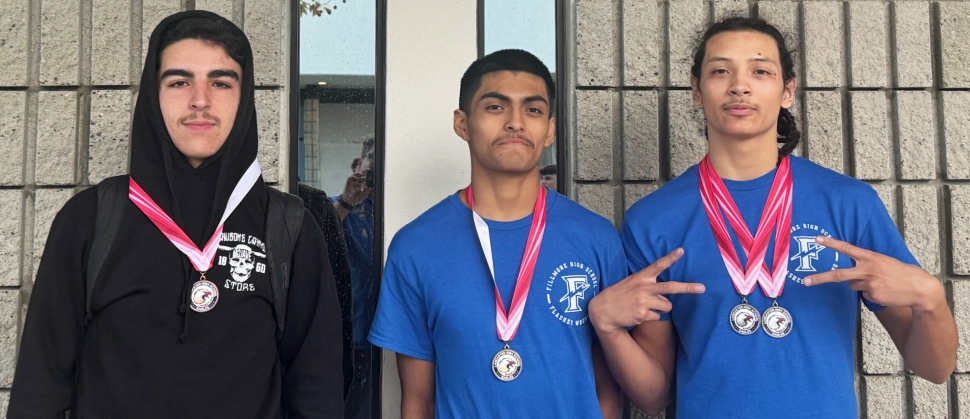 On Saturday, December 14, Fillmore Flashes Boys Wresting traveled to Lancaster for the High Desert Duals Tournament. Pictured are three Flashes who placed in the tournament, Brendan Morales (2nd Place), Tony Lemus (1st Place), Emiliano Castanon (2nd Place). Photo credit Boys Head Coach Manuel Ponce.