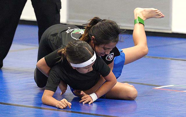Pictured right is Kamila Cuesta vs. Valerie Ramirez at the 1st Annual Barbara Webster Takedown Tournament in Santa Barbara. Photo credit Gabriel Salazar.