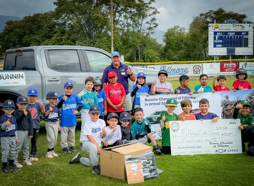 It was Homerun Derby Day at the Fillmore Little League fields on Saturday, May 18, 2024. It’d been a fantastic year for Little League Baseball; so much mighty talent, and drive for hometown baseball. Pictured, Shane Morger, of Fillmore’s Bunnin Chevrolet, who drove up to the field sporting a $500 check to help continue in their sponsorship with the league, along with extra-large boxes full of equipment to help keep the costs down.  Chevrolet and Little League Baseball have a long relationship of supporting youth. Prior to driving over to the fields, Shane made a stop to support the Rotary 5k, 10k run and last weekend we saw him at FWSC Casino Night. He was having a blast at the roulette table! Fillmore Little League and their sponsors work hand-in-hand to ensure the program continues to run smoothly and grow, just like our little hometown. Thank you, Bunnin Chevrolet, Leo Bunnin and Shane Morger, along with the rest of the team, for continuing to help support your community! Photo/article courtesy Brandy Hollis.
