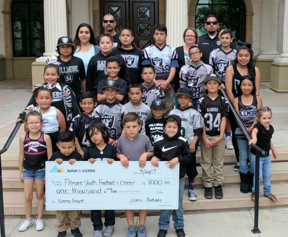 Fillmore Youth Football and Cheer also known as The Fillmore Raiders have maintained a time-honored tradition of serving the youth of Fillmore and its surrounding areas for over 48 seasons. We would like to Thank the Bank of The Sierra for their generous donation. Like many small-town community organizations, we are only as strong as our respected and appreciated donors and supporters. On behalf of the Raiders Board Of Directors, and over 150 families from the 2017 season, THANK YOU BANK OF THE SIERRA!