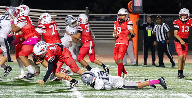 This past Saturday, the Fillmore Raiders closed out their 2025 Season with the Raiders Sophomores and Juniors Black playing at the FHS football stadium. Above is the Raiders Junior Black game against North Oxnard. Raiders lost to the Warriors, 56-6. Inset, the Sophomores game against El Rio Spartans, final score, 30 El Rio-16 Raiders. Photo credit Crystal Gurrola. See more photos online at www.FillmoreGazette.com.