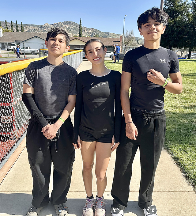 On Saturday, January 31, the Fillmore sprinters and middle-distance runners participated in the preseason mettle at Simi Valley High School. Pictured above are runners who participated: (l-r) Dominic Corona, Janessa Corona, and Draco Centerion. Photo credit Anthony Chavez.