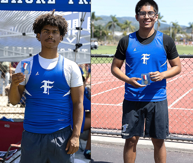 Pictured above left is Fillmore’s Jasiah Patterson who placed fourth at the 108th Russell Cup in the Boys Varsity Triple Jump with a leap of 37’ 09.5” and was a medal winner. Right is Flashes Isaac Rivera who took first place in the Boys Varsity discus with a toss of 131’ 11” and was a medal winner as well. Photo courtesy of Coach Anthony Chavez.