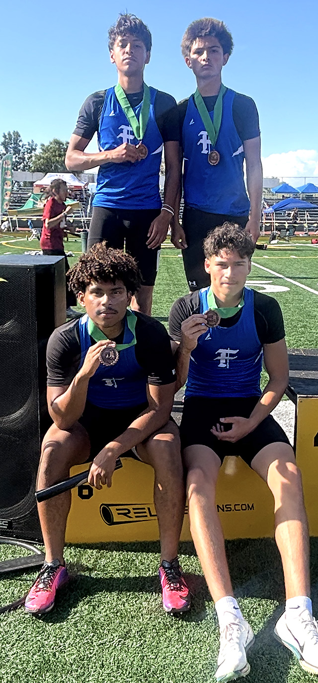 Above is Fillmore Flashes 4 x 100 team which earned 6th place at the Ventura County Championships, Invitational Division. Standing (l-r) are Nathan Hernandez and Josh Felix; sitting (l-r) are Jasiah Patterson and Saul Fraga Sandoval.
