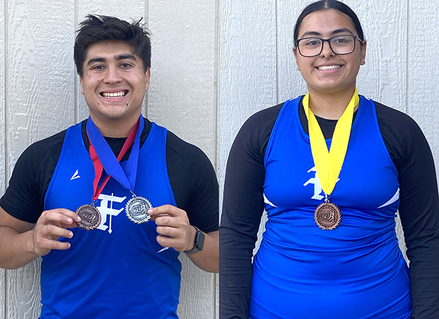 Pictured left is Marcus Lechuga who won two medals at the Ventura County Track and Field Championships. He placed 3rd in the shot put and 2nd in the discus in the seeded division. Pictured right is Lucy Murillo who earned 3rd place in the shot put, seeded division.