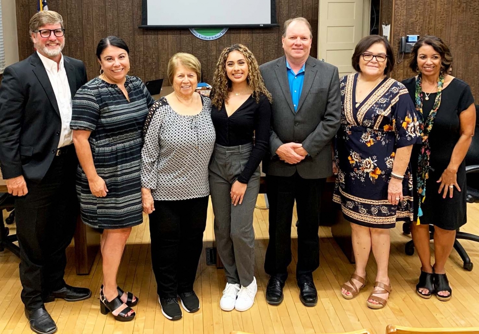 Fillmore USD School Board recognized by California School Board Association: (l-r) Trustee Sean Morris, Superintendent Christine Schieferle, Trustee Lucy Rangel, Student Representative Trustee Camila Morales, Trustee Scott Beylik, Trustee Olivia Palacio, and Trustee Tricia Gradias. Courtesy https://www.blog.fillmoreusd.org/fillmore-unified-school-district-blog/2024/1/19/fillmore-unified-trustees-recognized. Full story on page 3. 