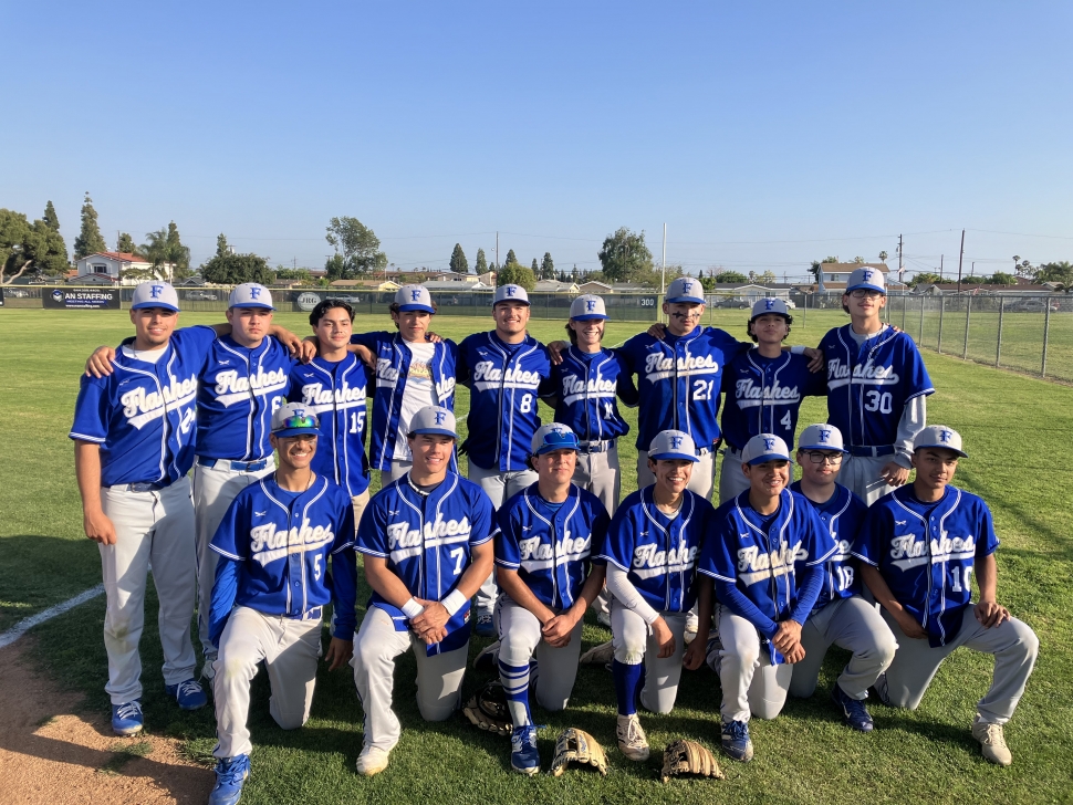 On Friday, May 12, Fillmore Flashes Baseball team defeated Artesia High School in the
Division 7 CIF Quarter-Finals, score 7 – 1. This advanced the Flashes to the Semi-Final
game at home against Cantwell-Sacred Heart of Mary on Tuesday, May 16, and defeated
them 4 – 1. Above are the Flashes after a big win, they have now advanced to the
championship game set for Friday, May 19, against Ganesha High School time and
location TBA. For updates visit https://www.maxpreps.com/ca/fillmore/fillmore-flashes/
baseball/schedule/