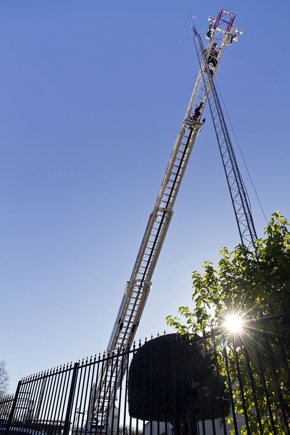 The fire department used their ladder truck to remove a defective antenna on top of the telemetry tower on the fire department property.