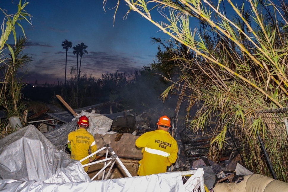 On Friday, February 23, at 5:55 p.m., Fillmore City Fire and Ventura County Fire Department were dispatched to a reported brush fire behind Vons in the Santa Clara Riverbed. Arriving firefighters reported a 10' x10' spot fire in a homeless encampment. Firefighters knocked down the fire before it spread. Cause of the fire is under investigation. Photo credit Angel Esquivel-Firephoto_91.