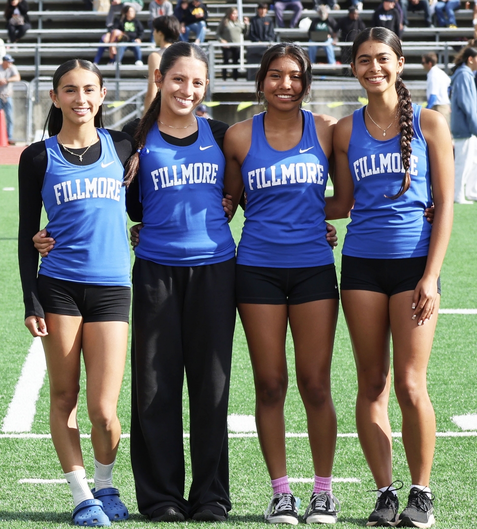 On Friday, April 25, 2025, at the Ventura County Championships, the Fillmore Flashes Girls 4x100 relay team captured 1st place in the Seeded Division, running a time of 49.95 — breaking their own school record for the third time this season! Congratulations, ladies — your legacy continues to grow! Team: Janessa Corona, Kimberly Magana, Mia Munoz, and Karinna Magana. Caption credit Coach Epi Torres. Photo credit Coach Anthony Tafoya. Read full story on page 9.