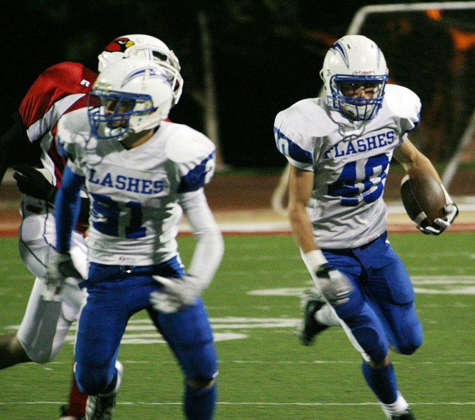 Tate Suttle #40 runs the ball for a few yards with the help of Nick Paz blocking for him. Paz also had one rushing touchdown and one receiving touchdown. Also on offense Zach Golson had 17 carries for 68 yards along with one rushing touchdown and one receiving touchdown.