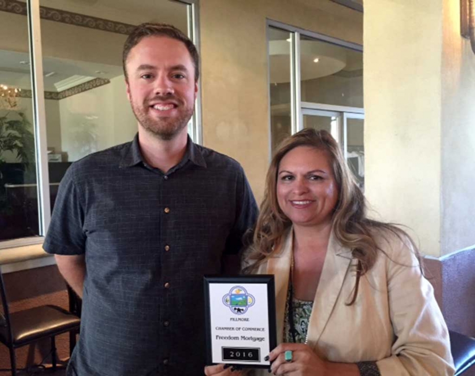 Ari Larson representing the Fillmore Chamber of Commerce presents Blake Allred with Freedom Mortgage his membership plaque. Freedom Mortgage is dedicated to helping customers achieve the American dream of home ownership. Blake can be reached at 805.208.9046