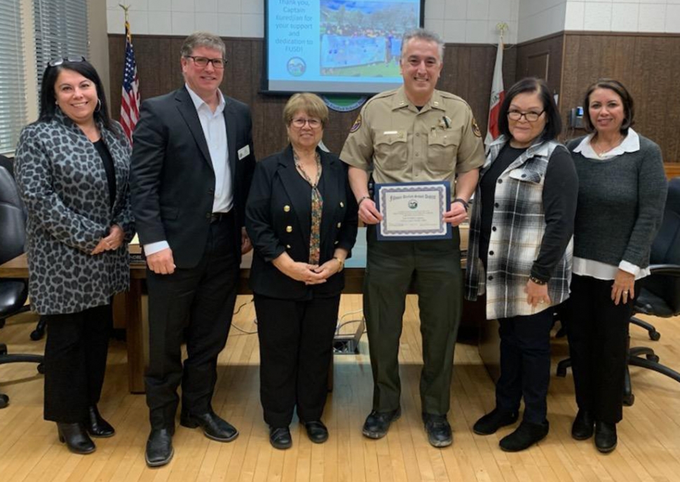 At the January 17, 2023 Fillmore Unified School District Board meeting, outgoing Fillmore Police Captain Garo Kuredjian was congratulated on his promotion to Commander and recognized by the Board of Trustees and Superintendent Christine Schieferle for his years of service to Fillmore Unified School District students, staff, and to the families of the communities of Fillmore and Piru. Courtesy Fillmore Unified School District Blog.