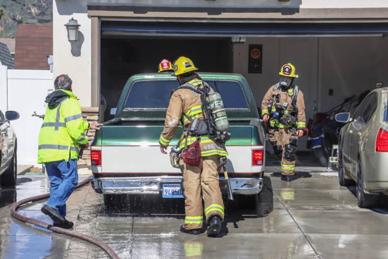 On Sunday, February 11, at 12:07 p.m., Fillmore Fire Department and Ventura County Fire were on-scene investigating a vehicle that was reported on fire inside a home garage in the 200 block of Edgewood Drive, Fillmore. Firefighters were able to extinguish the vehicle fire before it caused any damage to the residence. Photo credit Angel Esquivel-Firephoto_91.