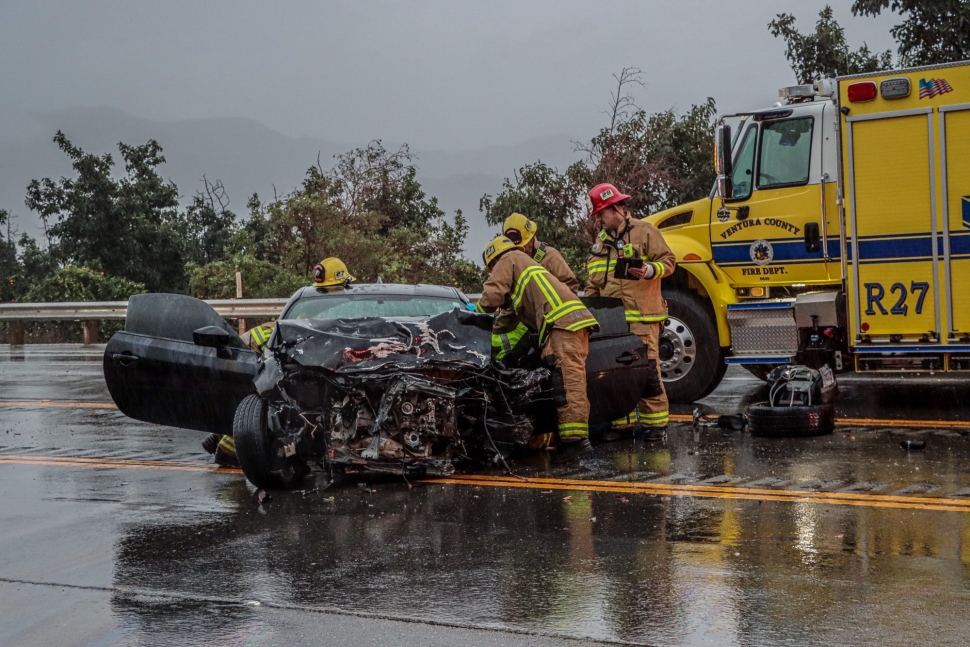On Thursday, December 21, at 6:48 a.m., Ventura County Fire Department, AMR Paramedics, and California Highway Patrol were dispatched to a reported head-on collision westbound SR126 at Cavin Road, near Piru. Arriving firefighters found two vehicles involved, one on the center divider and the second on the right-hand shoulder hillside. Two patients were transported to a local hospital with moderate injuries to both patients. Westbound lanes were shut down for at least 45 minutes until the scene was cleared. Cause of the crash is under investigation. Photo credit Angel Esquivel-AE News.