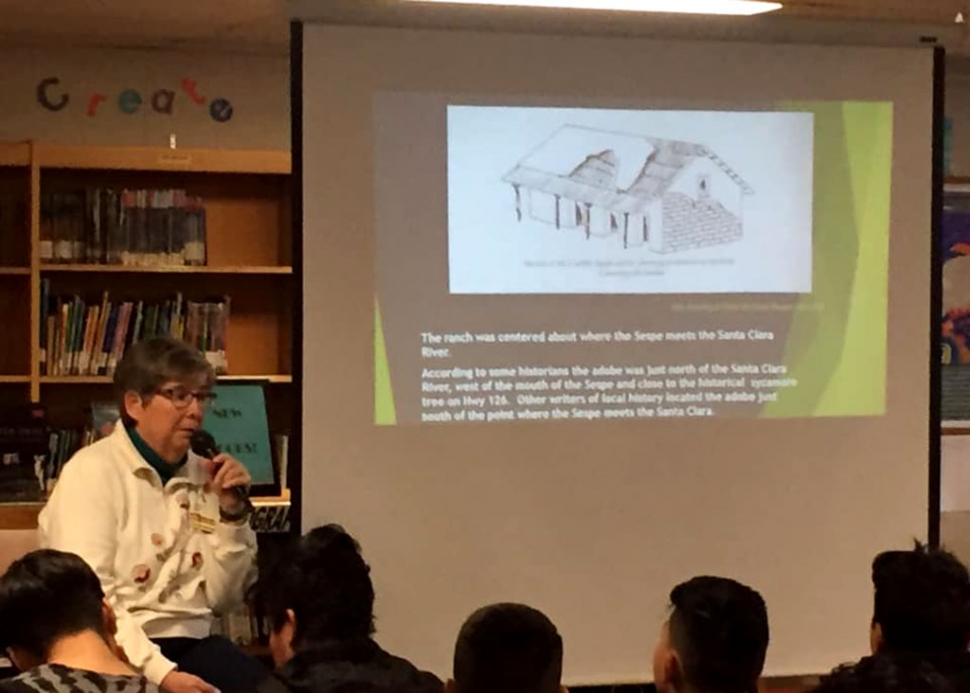 Pictured is Martha Gentry presenting “Rancho Sespe, 1833 to 1985—155 Years” to students at Fillmore Middle School. Photo courtesy Sue Zeider.