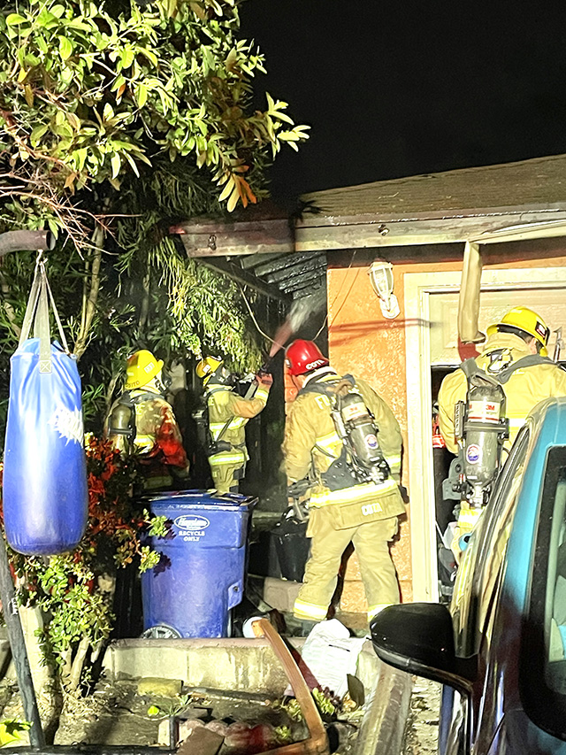 On Saturday, May 23, at approximately 4:14 a.m., the Fillmore Fire Department responded to a reported structure fire in the 900 block of Ortega Street. Upon arrival, firefighters discovered a fully involved bedroom fire that had been extinguished prior to fire personnel arriving on scene. Due to damage sustained to the residence, the home was yellow tagged. The American Red Cross was contacted to assist the displaced occupants. Photo credit Angel Esquivel. The cause of the fire remains under investigation.