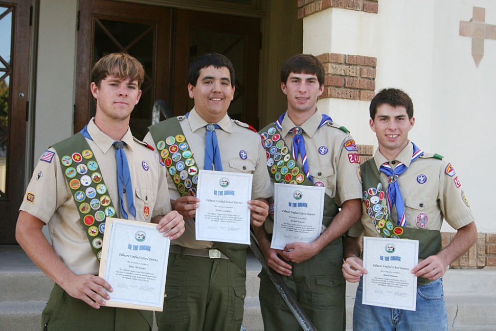 Pictured above (l-r) Eagle Scouts Brian Mckeown, Daniel Landeros, Michael and David Watson. The boys received “Be the Change” honors for their campus improvements throughout the school district.