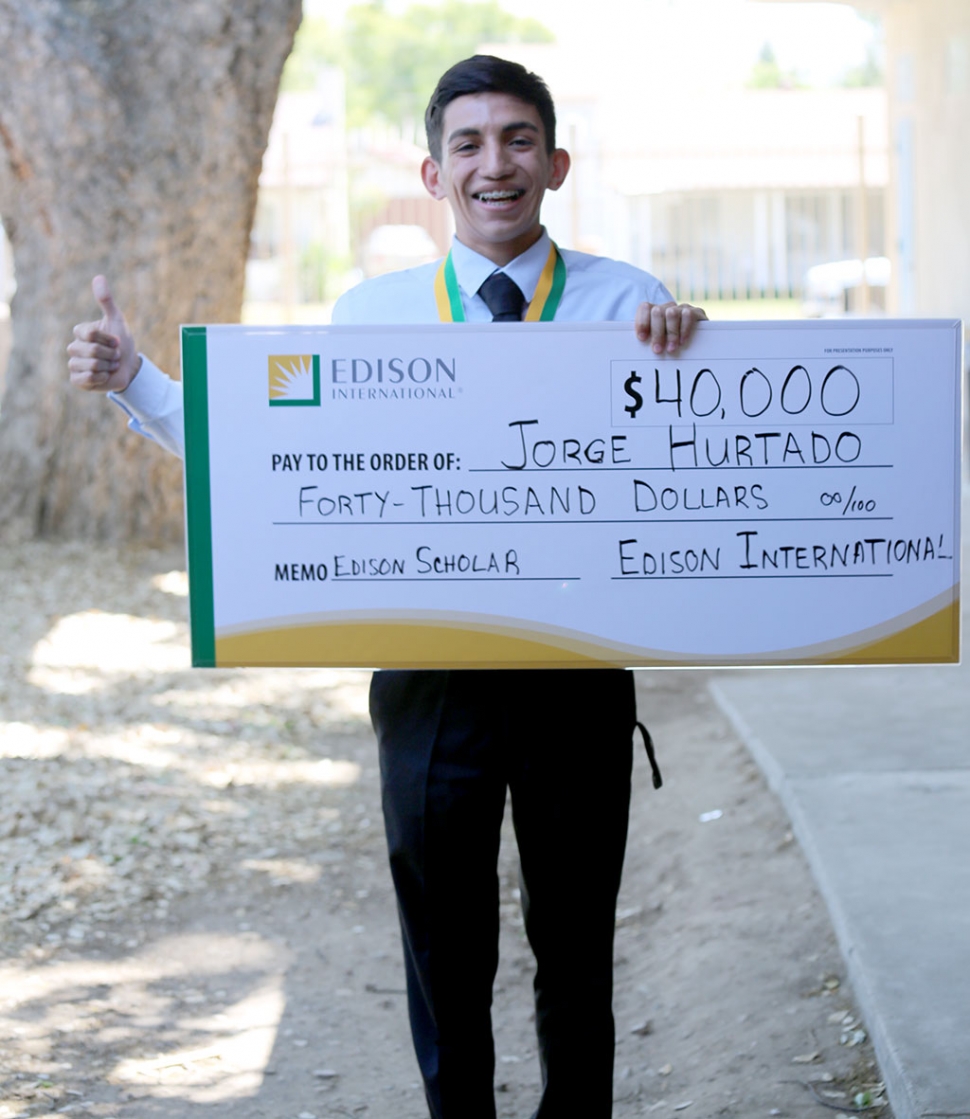 Fillmore High school Senior Jorge Hurtado was awarded a $40,000 scholarship from Edison International on April 15th, 2015. Jorge, who plans to major in electrical engineering, is one of 30 high school scholars Edison International awarded a $40,000 scholarship and planning to pursue college studies in science, technology, engineering or math, also known as STEM. Photo credit: Southern California Edison.