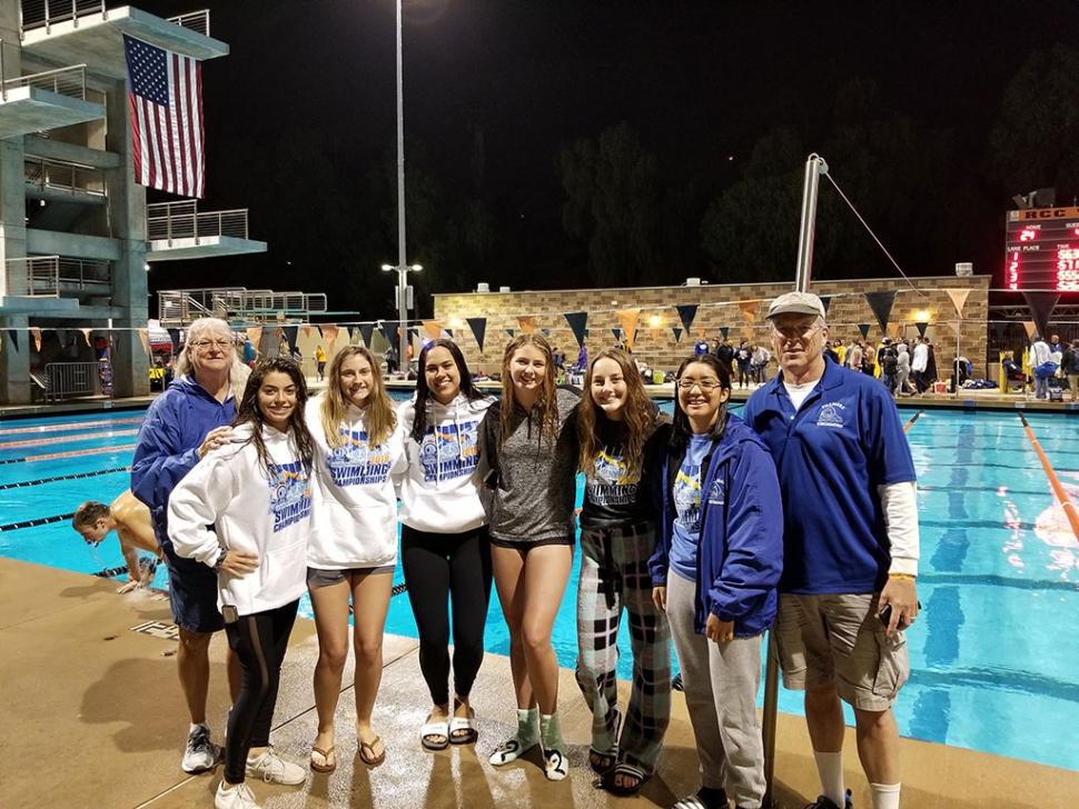 Pictured are (l-r) Coach Cindy Blatt, Yazmeen Gonzalez, Erin Berrington, Zoe Avila, Kat Furness, Natalie Couse, Karen Trujillo, and Coach Mike Blatt.