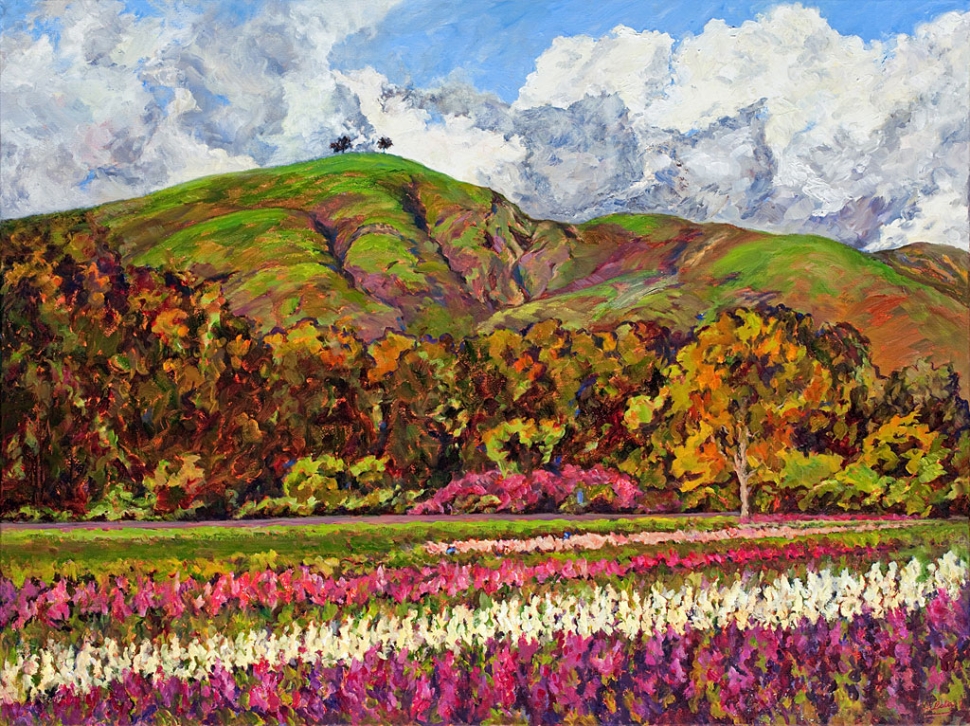 “Fields and Flower Fields” by Hilda Kilpatrick, 30”x40”, oil on canvas.