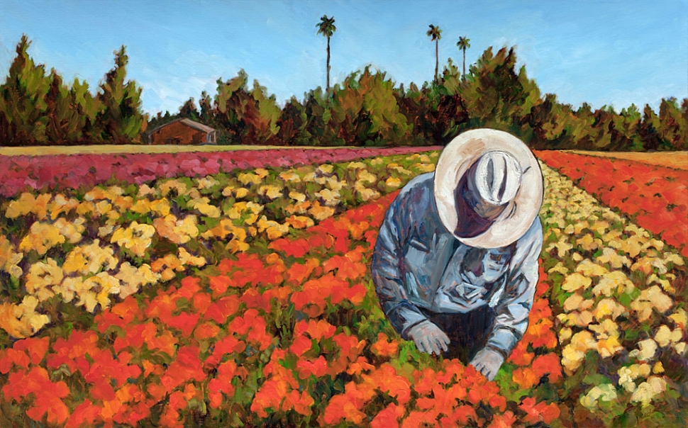 Best Thematic Representation Winner “Flower Field, Santa Paula” by Hilda Kilpatrick, oil on canvas, 30” x 48”, Collection of the artist.