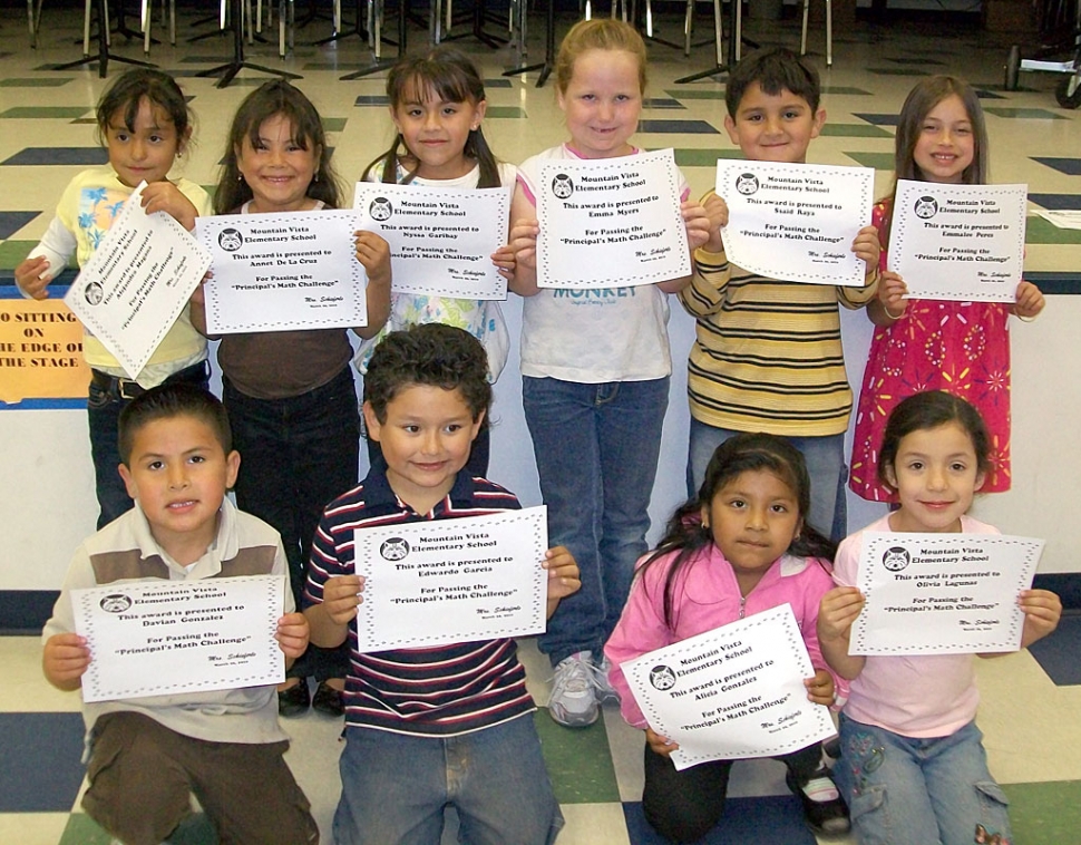 Congratulations MV Kindergarten students for passing the “Principal’s Math Challenge”. Kindergarten students were challenged to complete a matrix, writing numbers from 1-50 with 100% accuracy in 5 minutes or less. Pictured are: (front row) Davian Gonzalez, Edwardo Garcia, Alicia Gonzalez, Olivia Lagunas (back row) Alejandra Magana, Annet Dela Cruz, Nyssa Garibay, Emma Myers, said Raya, Emmalee Perez.