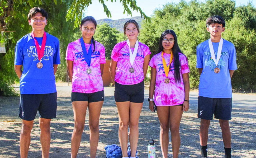 On Saturday, October 19, FHS Cross Country team traveled to Lake Casitas in Ojai to compete in the Ventura County Cross Country Championship; five students medaled at the race. Pictured (l-r) are Omar Heredia (Boys Varsity), Marbella Arroyo Tapia, Michelle Setty, Jannet Vega (Girls JV), and Alexander Nunez (Boys Frosh Soph). Photo credit FHS Alumni Angel Laureano.